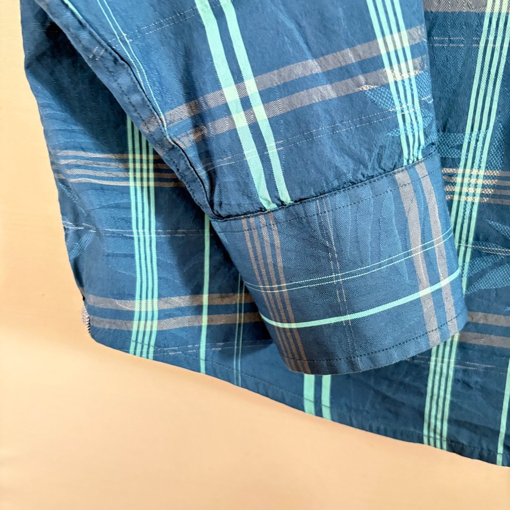 Tommy Bahama Mens Blue Plaid Tropical Leaf Jacquard Cotton Silk Shirt Medium